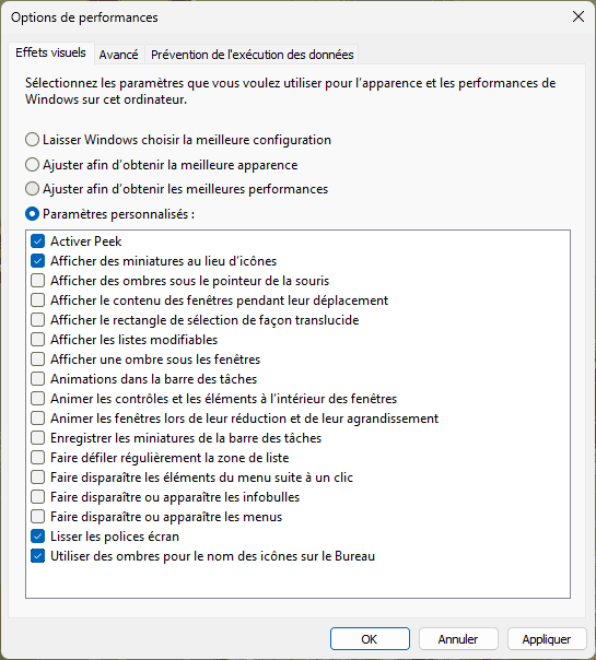 opciones de rendimiento efectos visuales