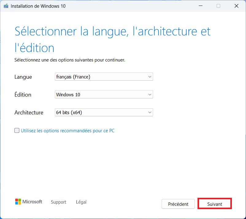 seleccione el idioma de la arquitectura Edición Windows 10