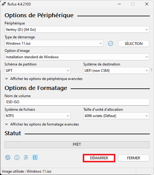 Rufus iniciar escritura en la unidad USB para soporte de Windows 11 no compatible