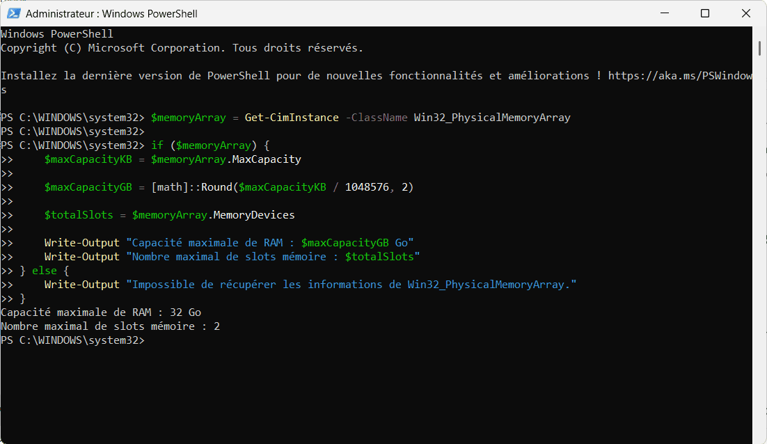 Capacité maximale de RAM installable en Go Nombre maximal de slots mémoire disponibles