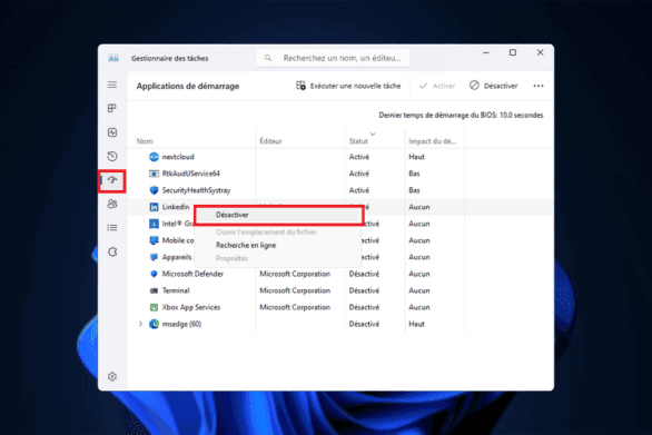 Désactiver les applications qui se lancent au démarrage de Windows
