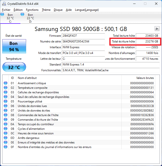 TBW SSD crystaldisk info