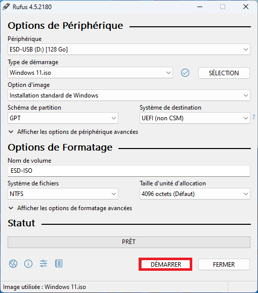 démarrer écriture ISO Windows 11 sur une clé USB