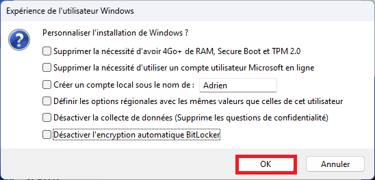 personalisation option windows 11 rufus