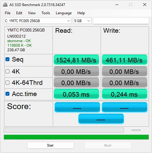 Velocidad del disco duro YMTC PC005 256GB GMKtec NucBox G3