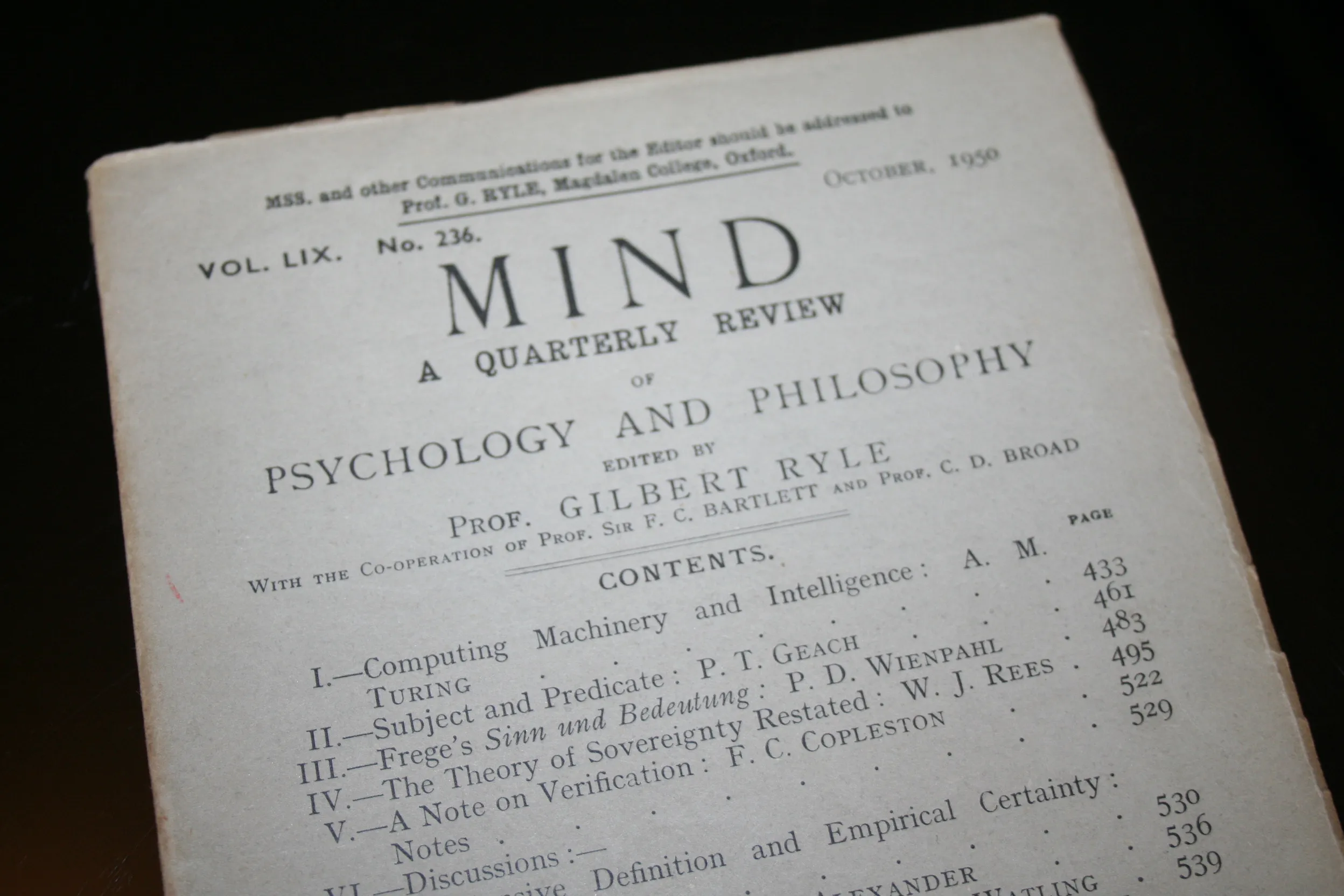 Alan Turing 'Computing Machinery & Intelligence' 1ª edición Mind octubre de 1950