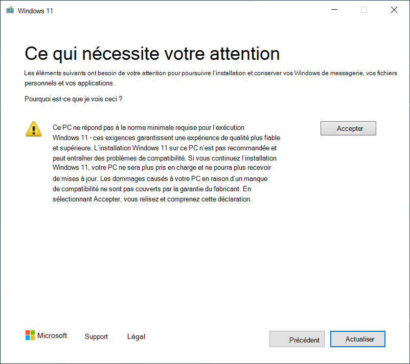 Cet ordinateur ne répond pas à la configuration requise pour installer Windows 11