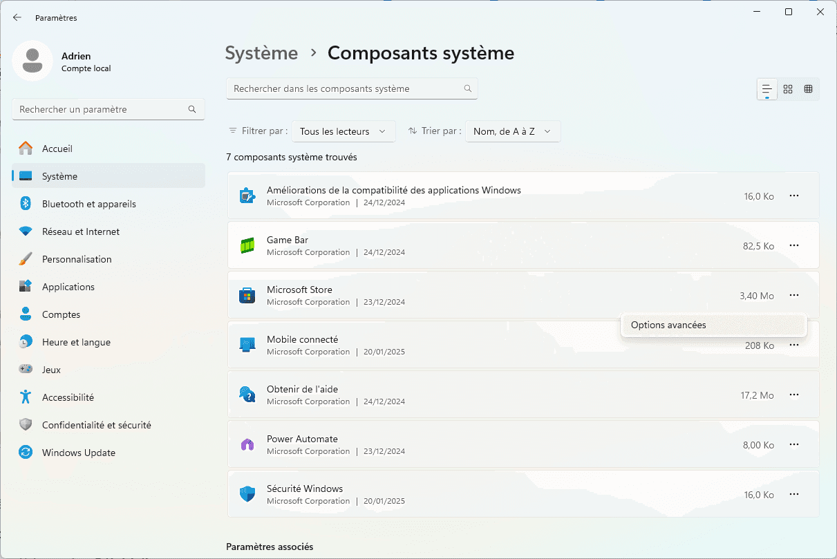 Configuración de los componentes del sistema en Windows 11
