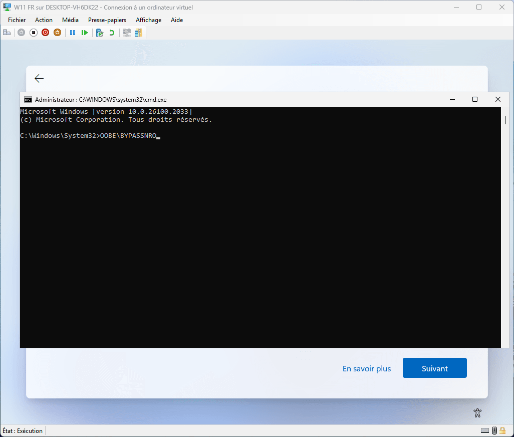 OOBEBYPASSNRO al configurar Windows 11 24H2 FR en Hyper-V