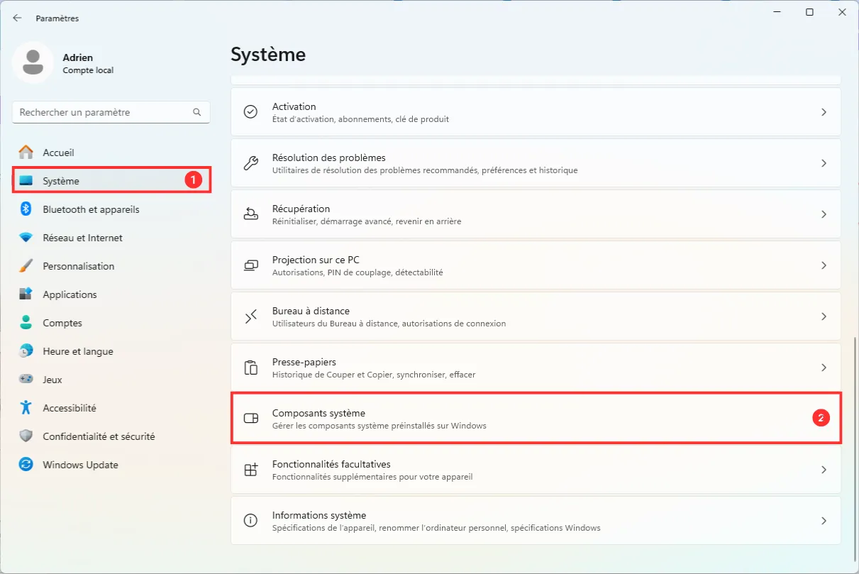 Componentes del sistema en la configuración de Windows 11