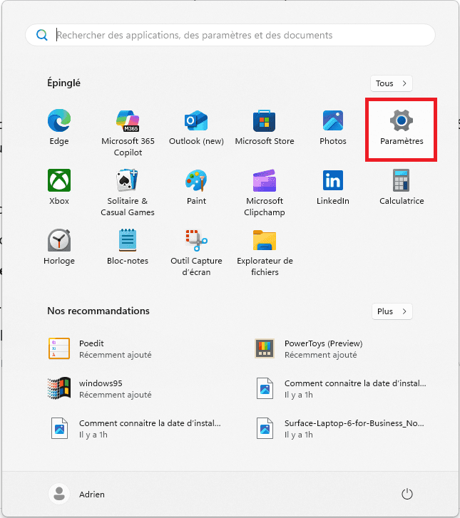 Icono de rueda dentada en el Menú de inicio para abrir la Configuración de Windows