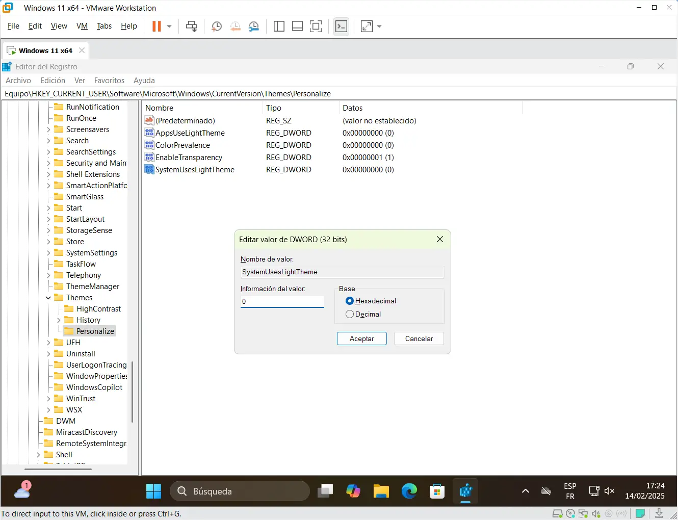 Activar el Modo oscuro en regedit Windows