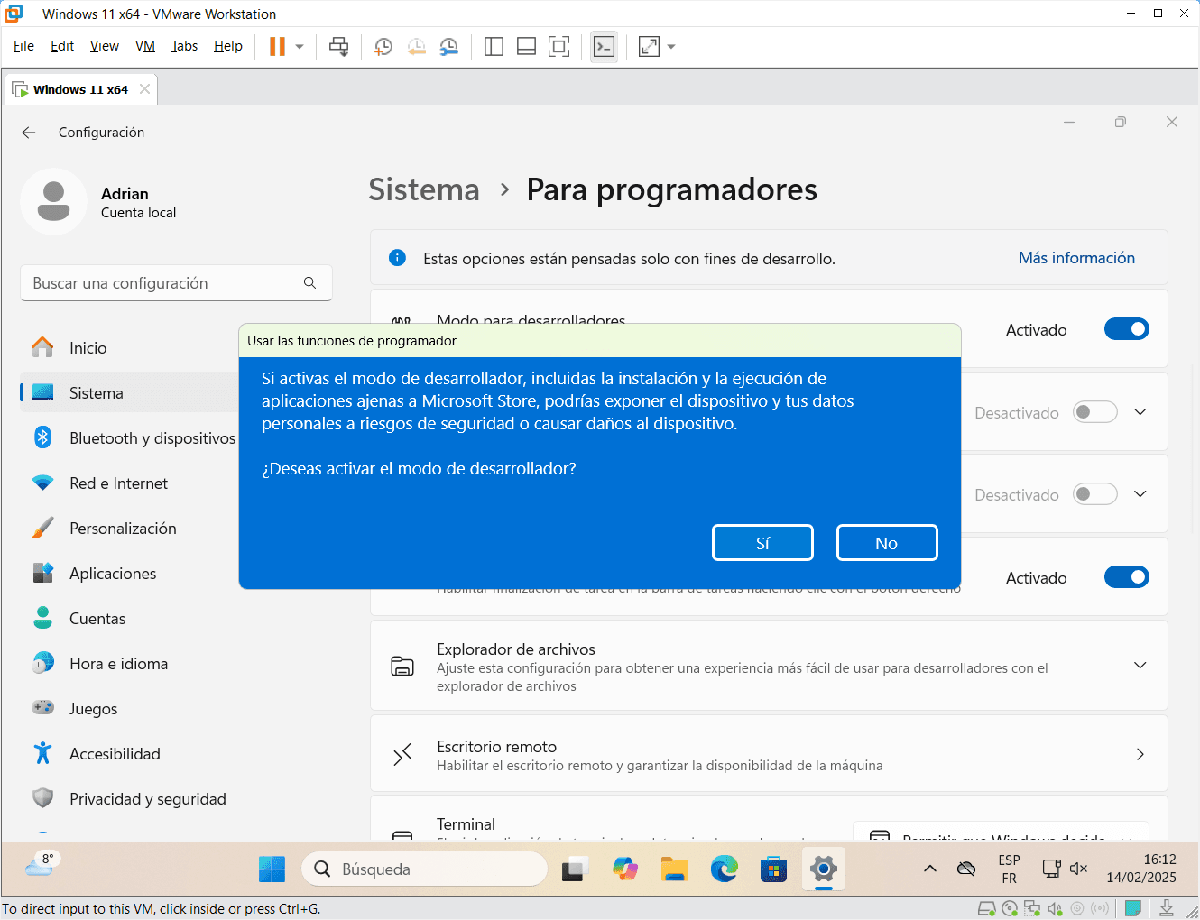 Activar el modo desarrollador en Windows - Advertencia