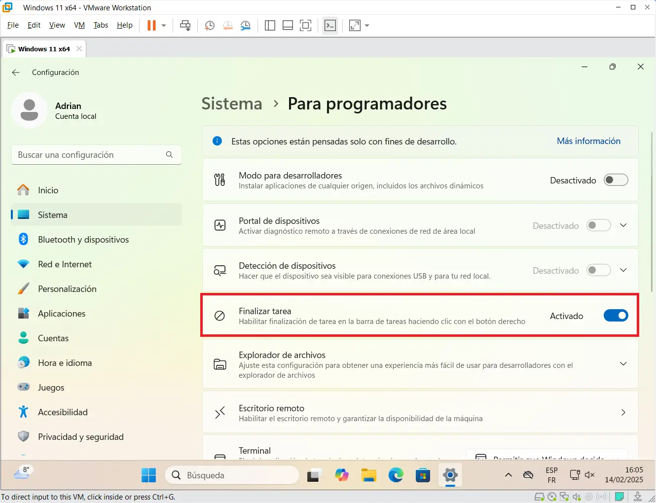 Activar la opción de desarrollador - Finalizar la tarea