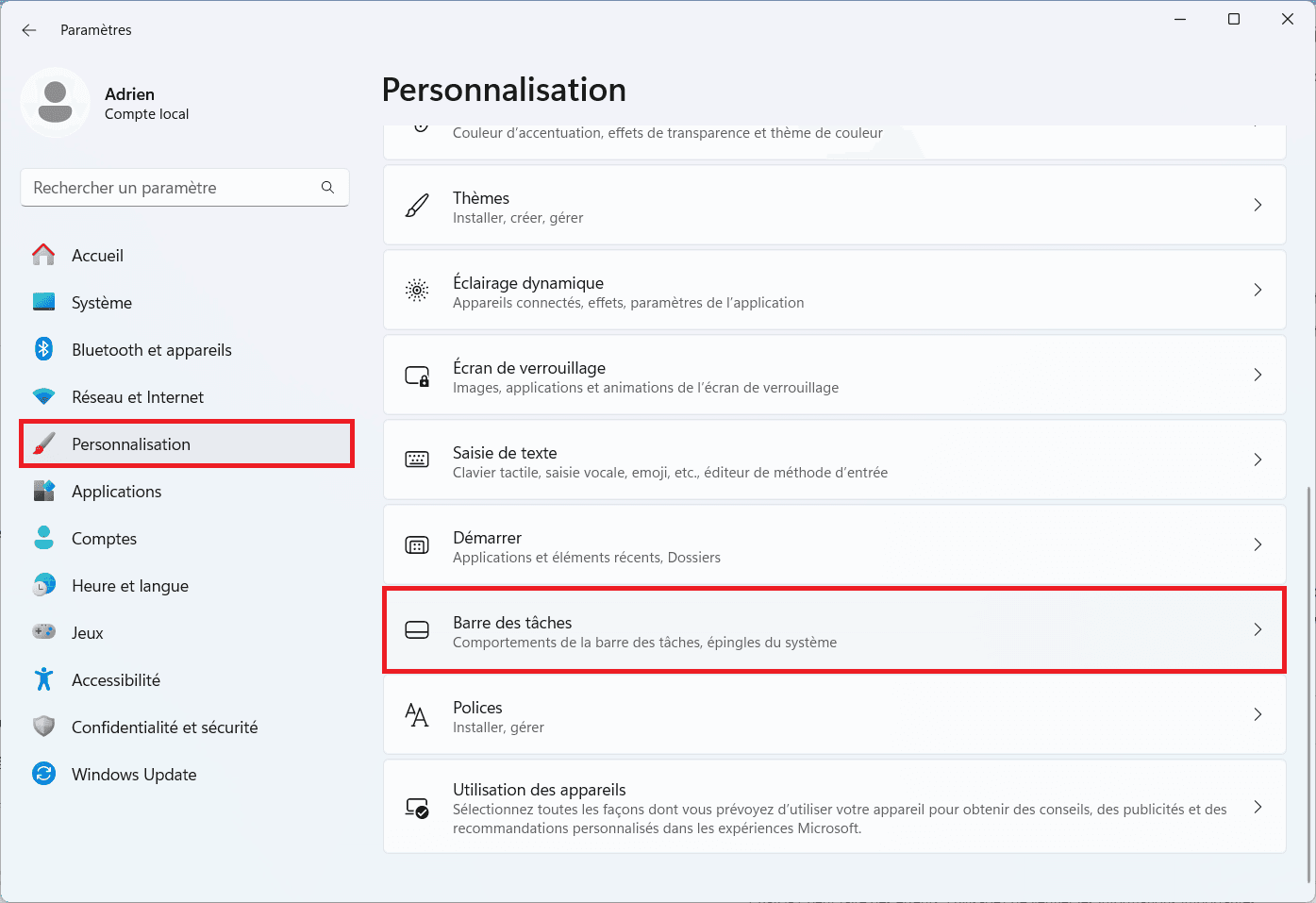 Désactivez les widgets dans la barre des tâches via les paramètres de personnalisation