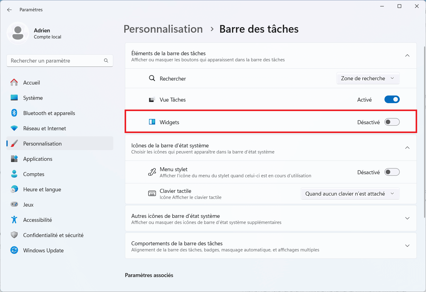 paramètres de la barre des tâches Windows 11