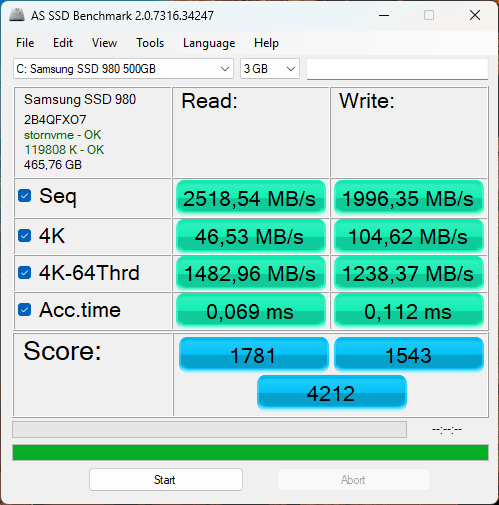 Résultat d'un test de vitesse avec AS SSD Benchmark Samsung SSD 980