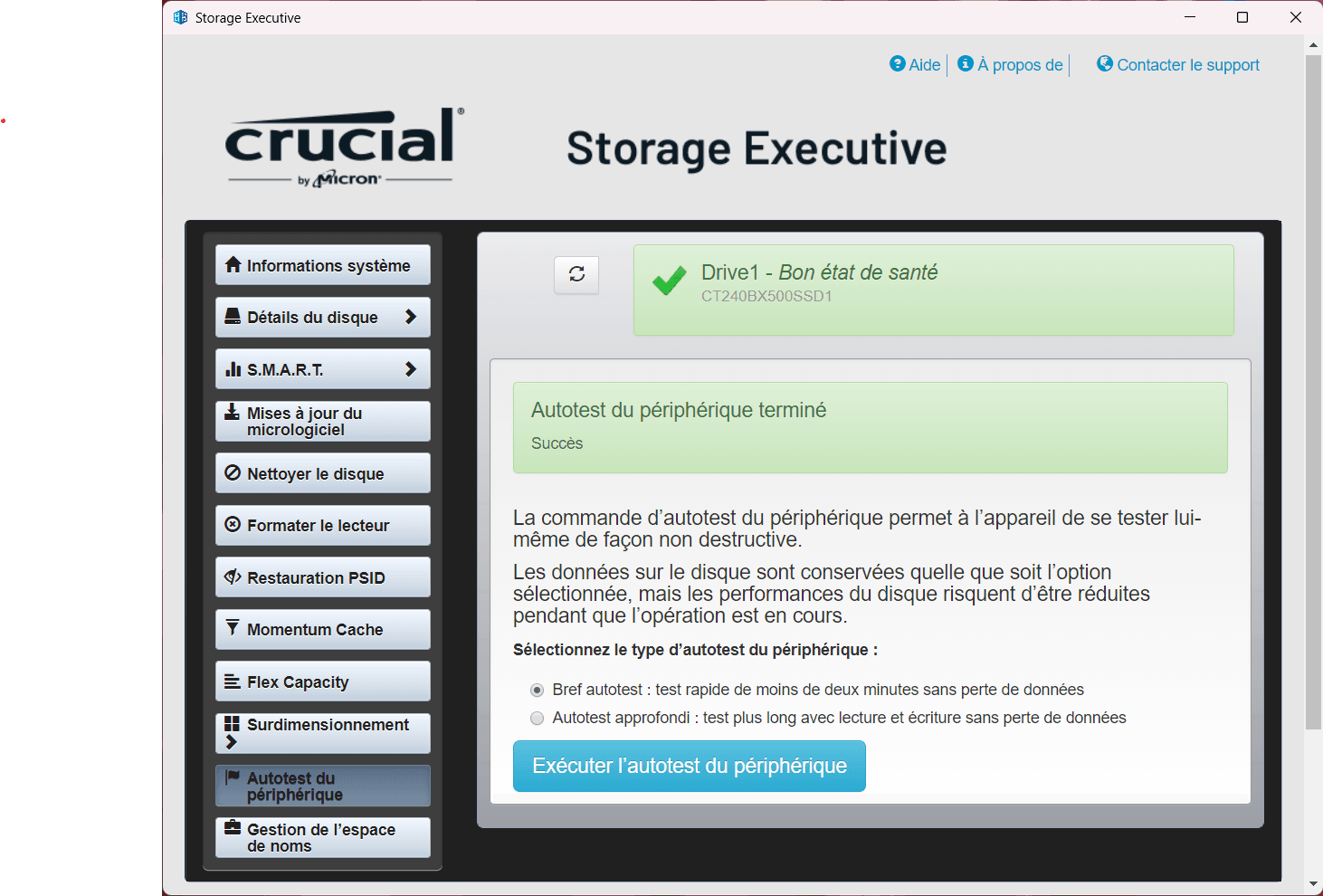 L'interface de Crucial Storage Executive