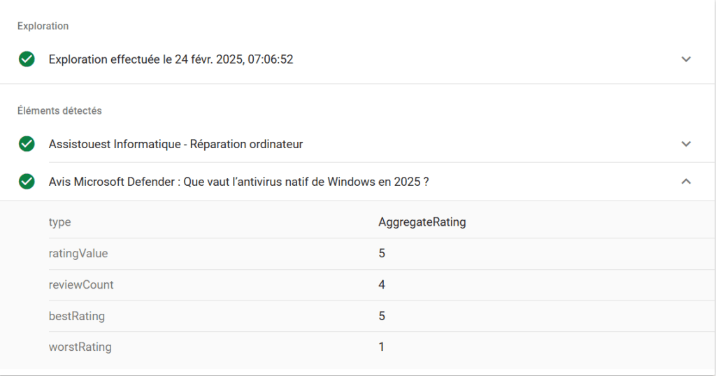 Google a bien détecté et validé l’AggregateRating sur l’article concernant Microsoft Defender.