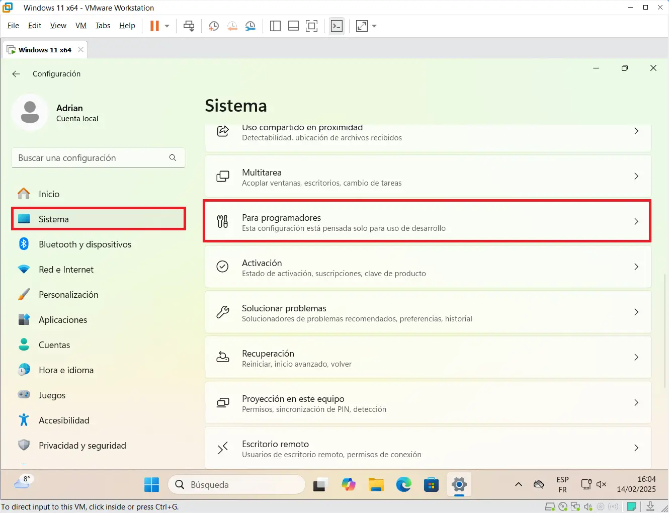 Configuración de Windows 11 - Espacio para desarrolladores