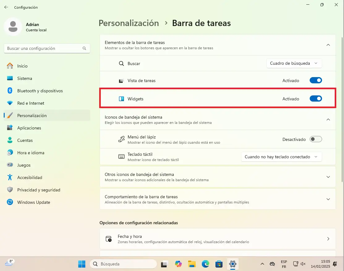 Configuración de la barra de tareas de Windows 11