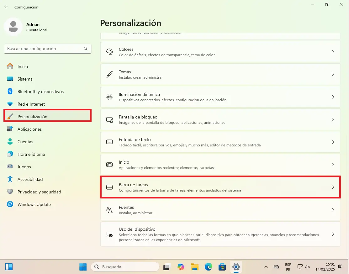 Desactive los widgets en la barra de tareas a través de la configuración de personalización