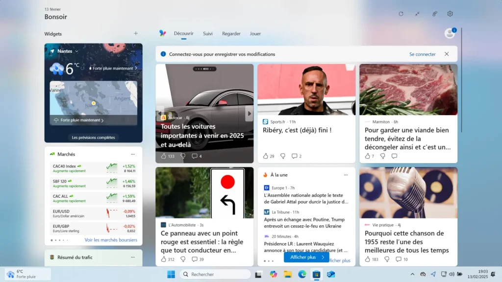 Panneau des Widgets Windows 11 en mode pleine écran