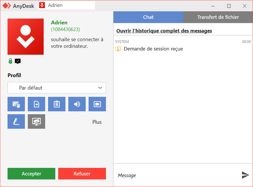 demande de connexion AnyDesk
