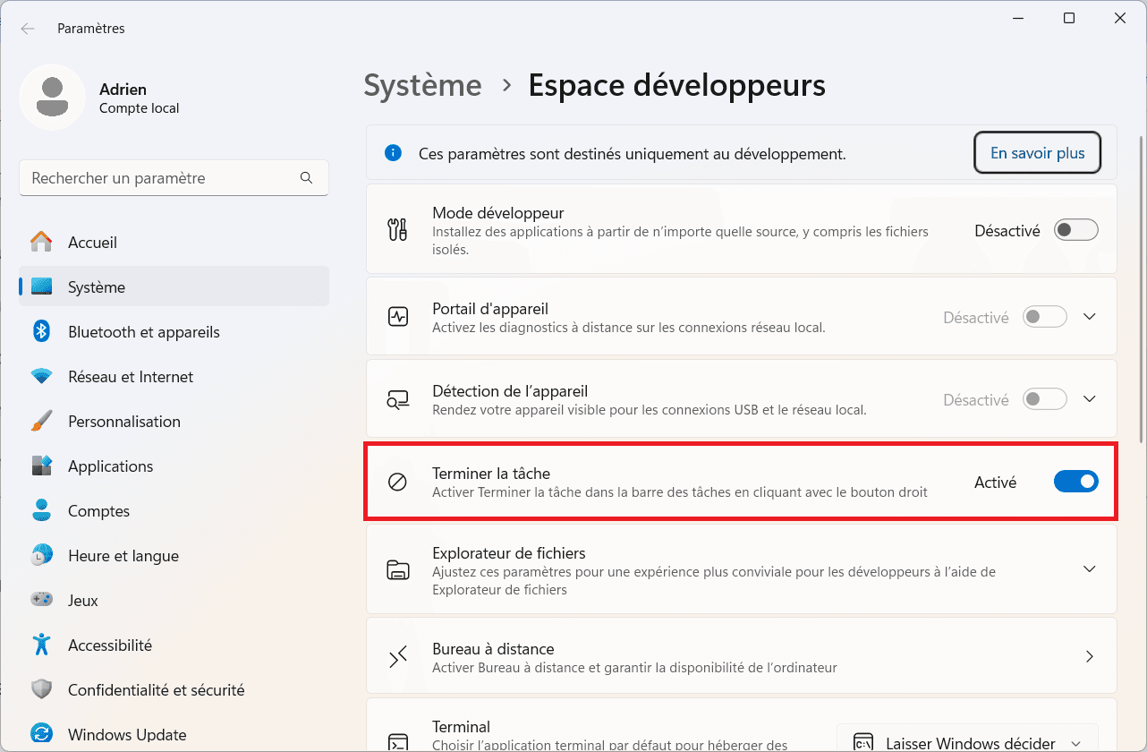 Enable developer option End Task