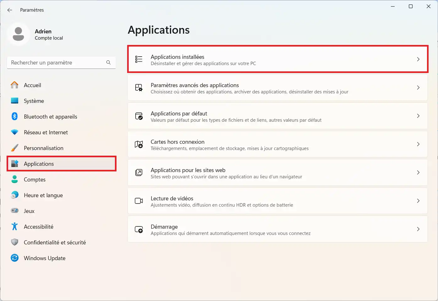 Uninstall Windows application from system settings
