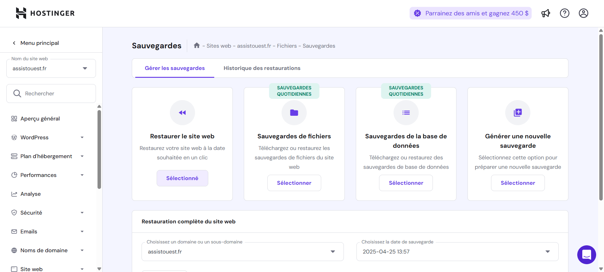sauvegarde automatique quotidienne Hostinger pour plus de sécurité