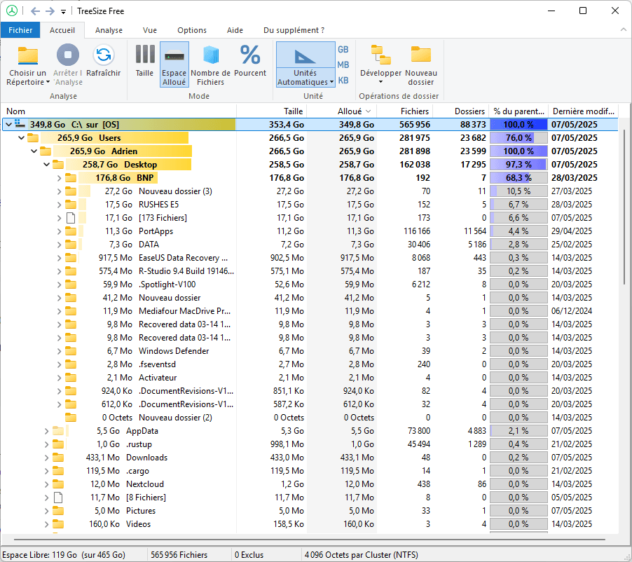 Resumo do espaço utilizado no seu computador Windows.