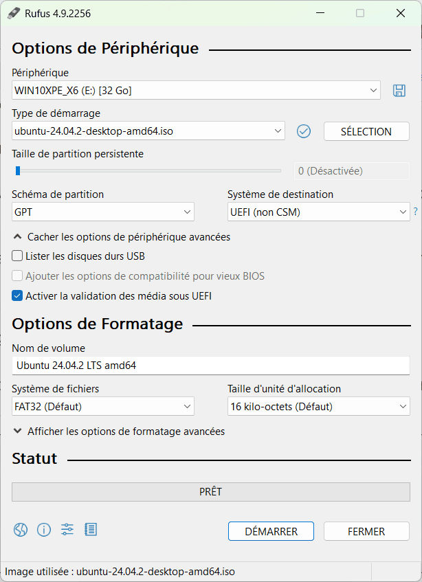 rufus graver ISO ubunutu sur votre clé USB