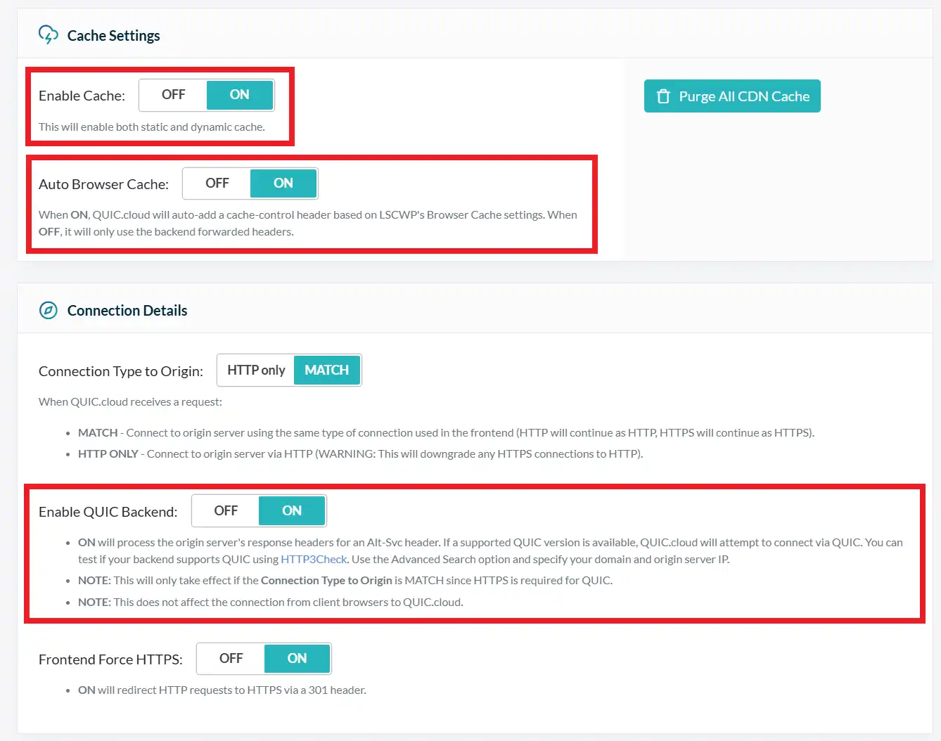 Finaliser la configuration  options essentielles à activer quic.cloud